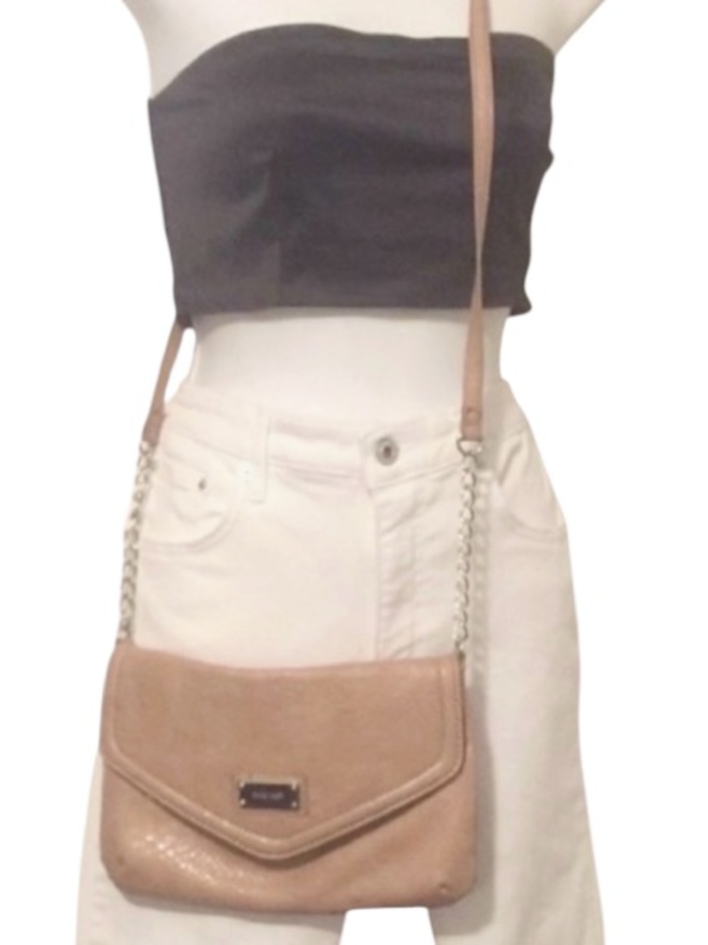 Nine West Camel Faux Snakeskin Vegan Leather & Chain Crossbody Bag